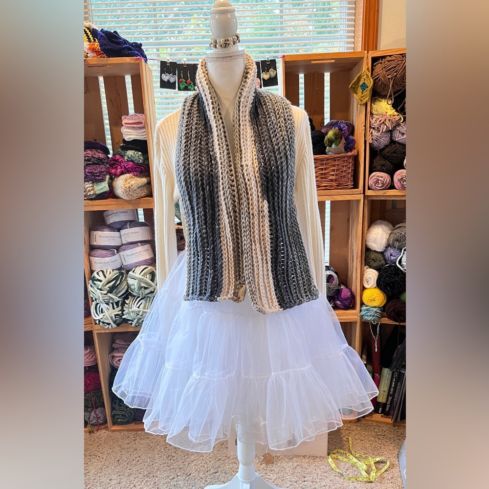 Handmade Shades of blue and gray chunky crochet scarf.